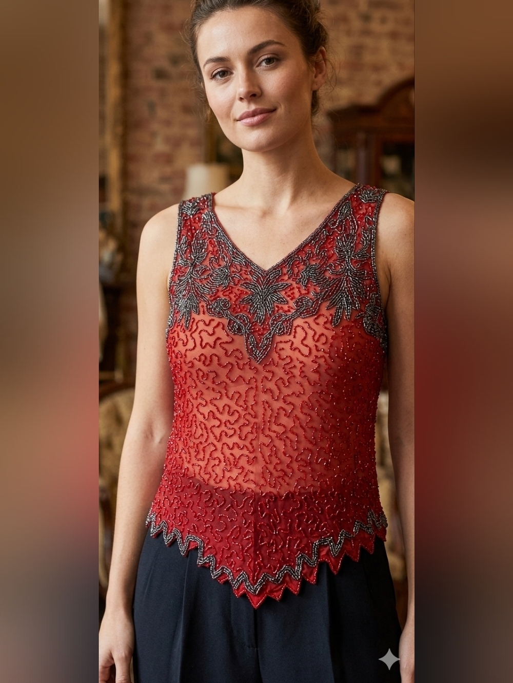 Unbranded Beaded V-Neck Sheer Tank Top Sz M